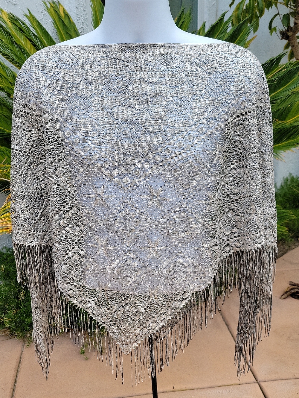 Light Gray & Gold // Dark Gray & Gold Lace Knit Fringe Shawl Poncho